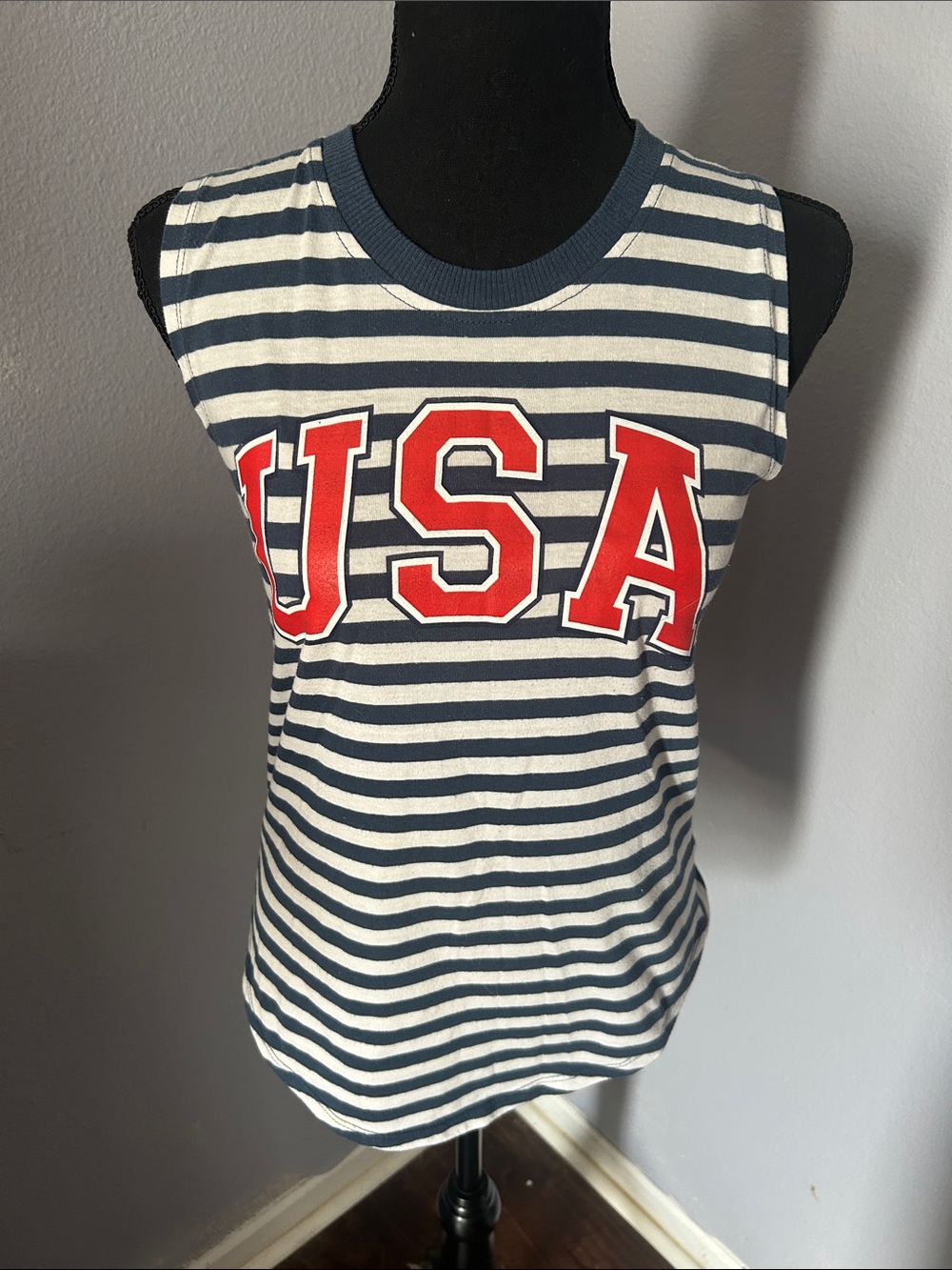 Modern Lux Striped Navy White 'USA' Sleeveless Tank Top Red Lettering Size Small